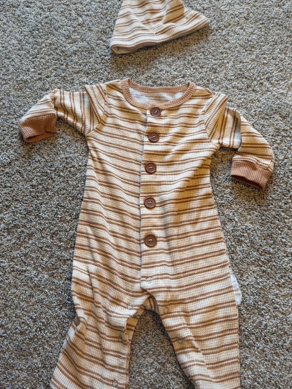 Tahari Cream & Brown Striped Knit Baby One-Piece with Hat